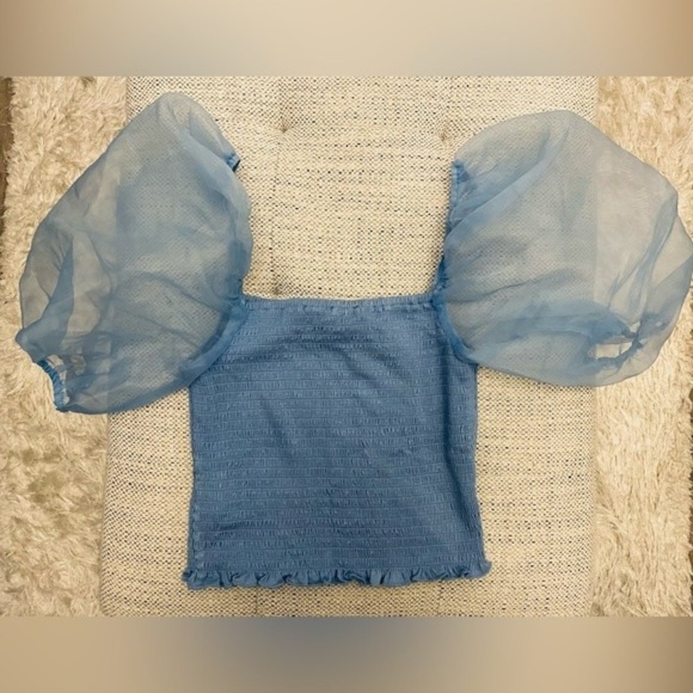 Forever 21 Smocked Crop Blue Top with Puff Balloon Sleeve